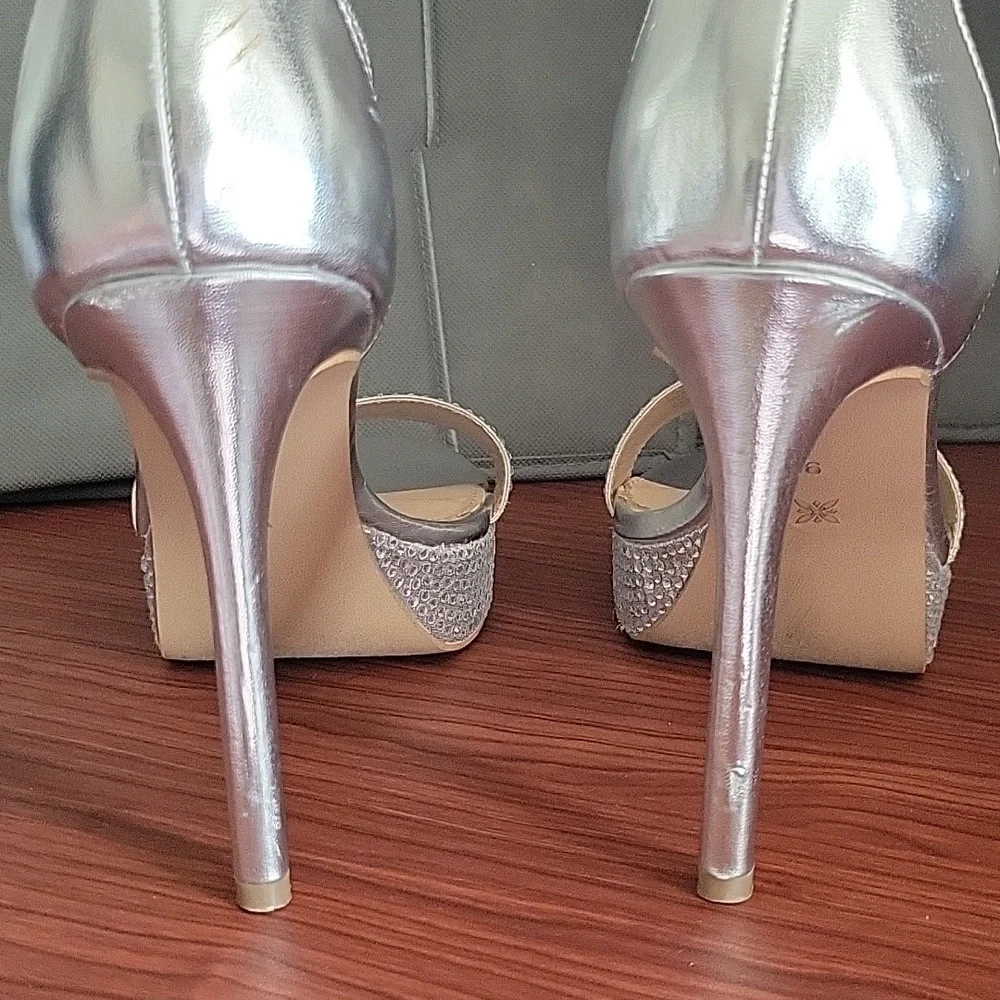 BCBGeneration Silver Bejeweled Ankle Straps Stiletto Heels